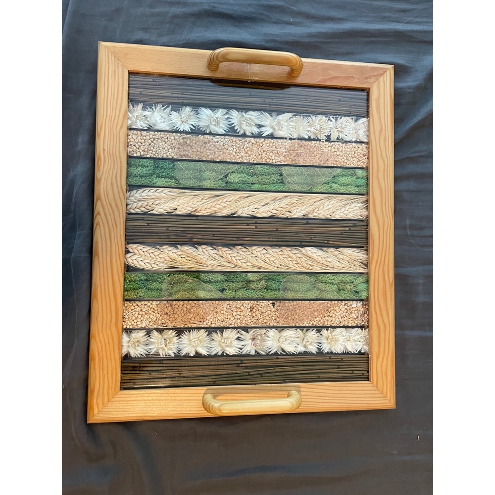 Botanical Dried Flower Wheat Wood Serving Tray Natural Cottage Decor Vintage